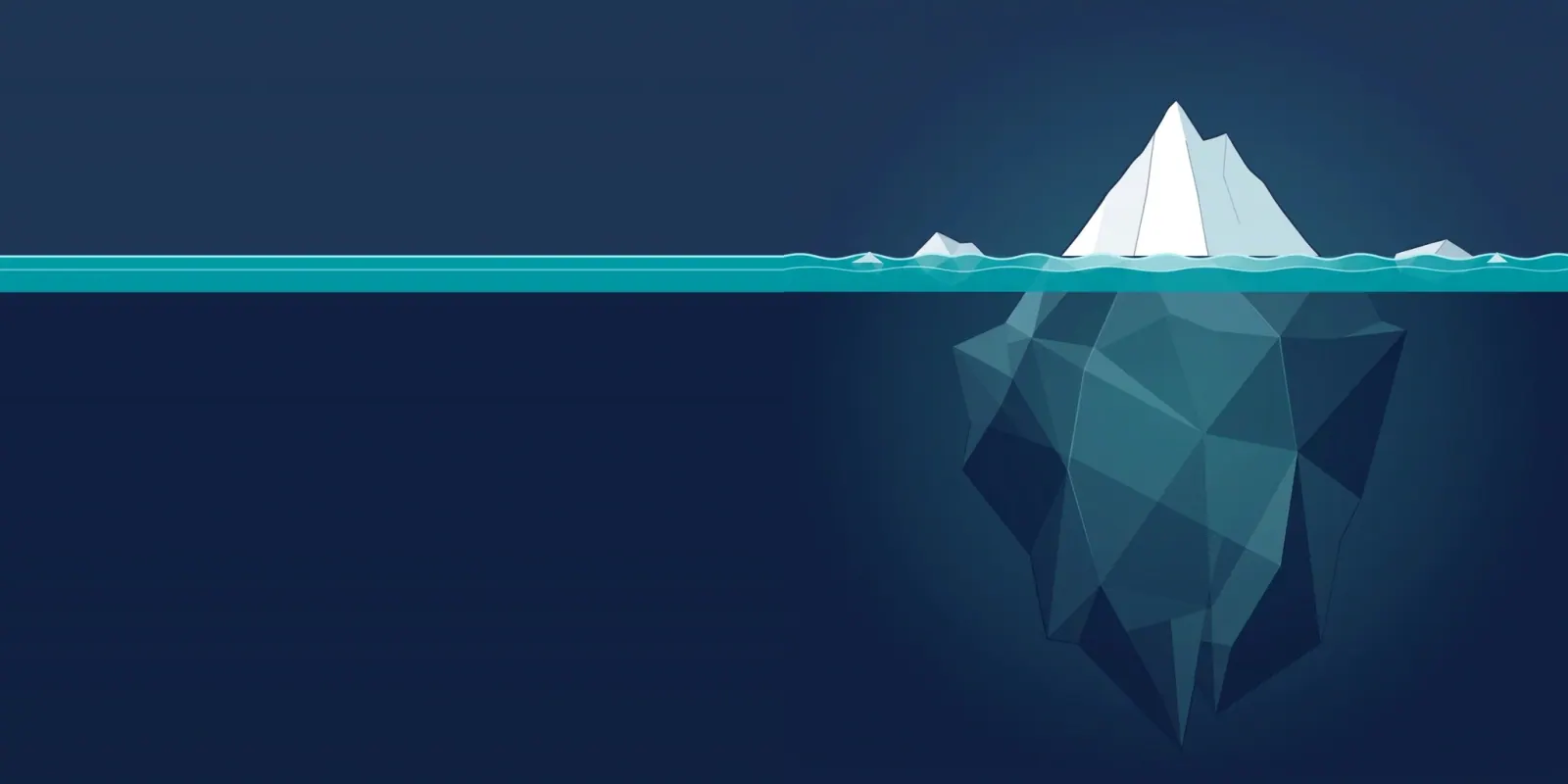 A faceted iceberg in dark navy water, with a small white tip above a teal waterline and a much larger submerged mass below.