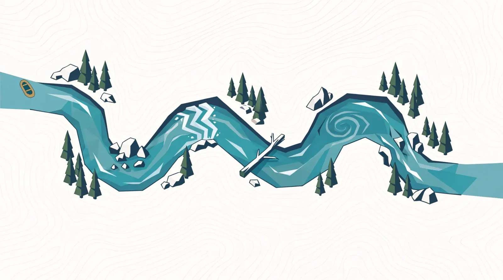 An illustrated winding river with a small raft near the beginning, rocks, rapids, a fallen branch, and a whirlpool among pine trees.