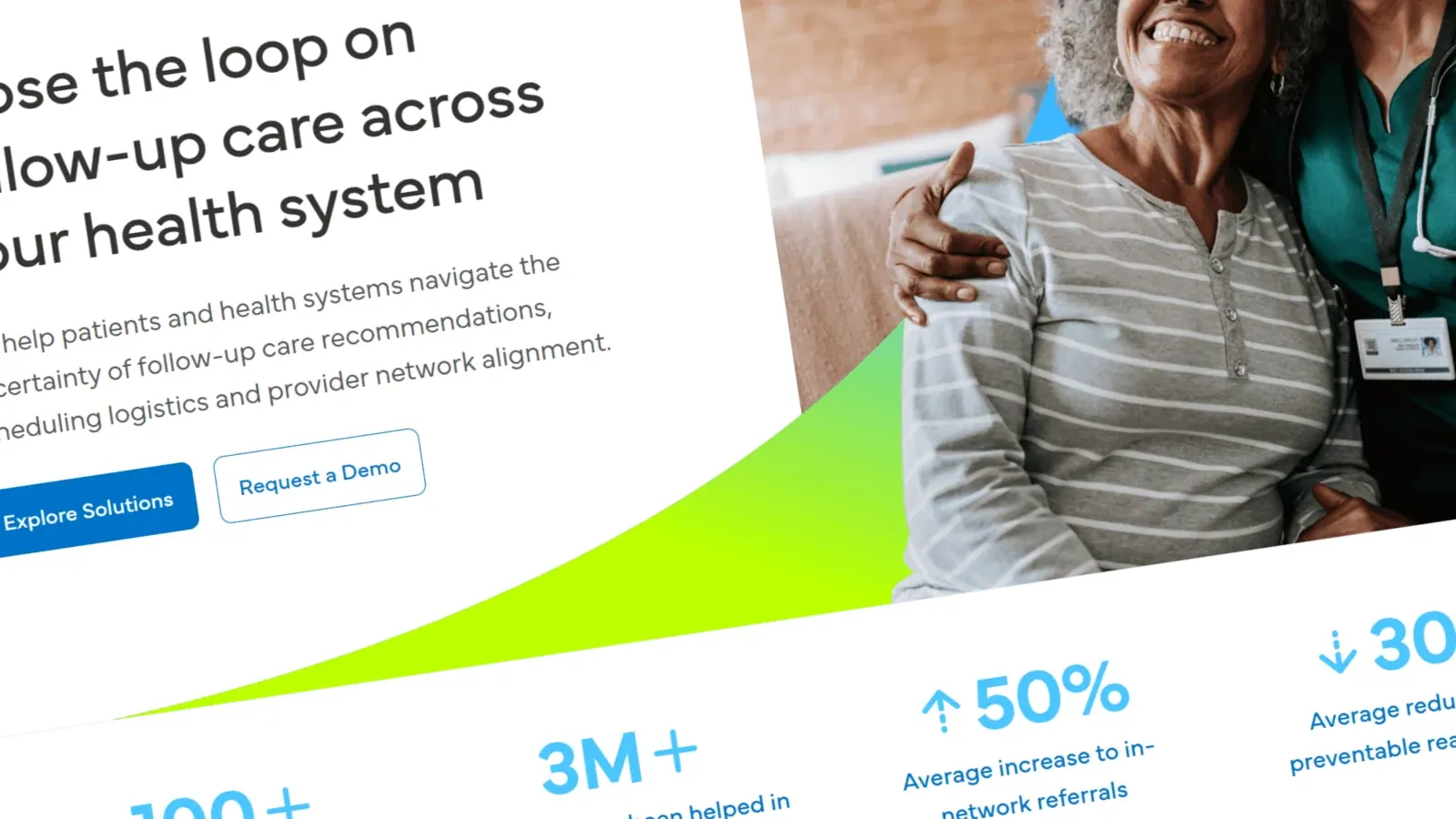 CareContinuity care-navigation website with a patient portrait and health-system results.